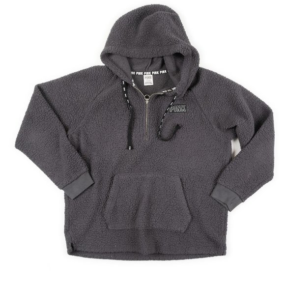 PINK Victoria's Secret Tops - PINK by Victoria's Secret grey 1/2 zip sherpa fleece hoodie size L